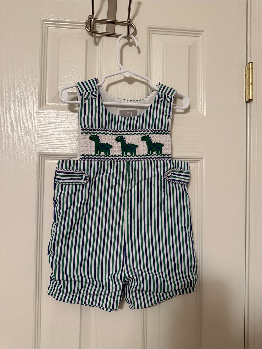 LIl Cactus- 2T Striped Green & Navy Dino Smocked JonJon .